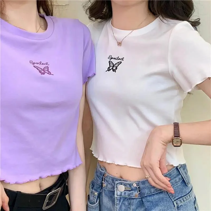 Uveng Uveng 2024 Summer High Waist Crop Short T-Shirt Women Slim And Thin Butterfly Embroidery Short-Sleeved Top Women