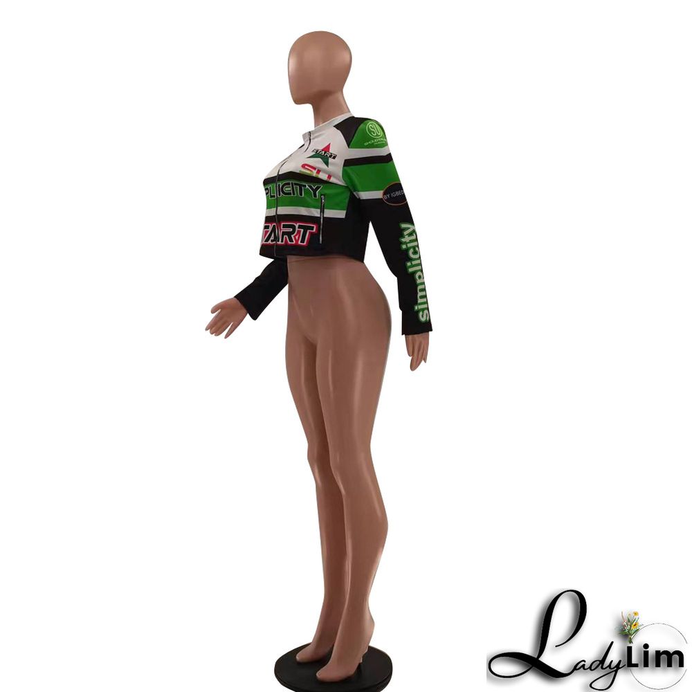 Women Round Neck Letter Print Long Sleeve Jacket