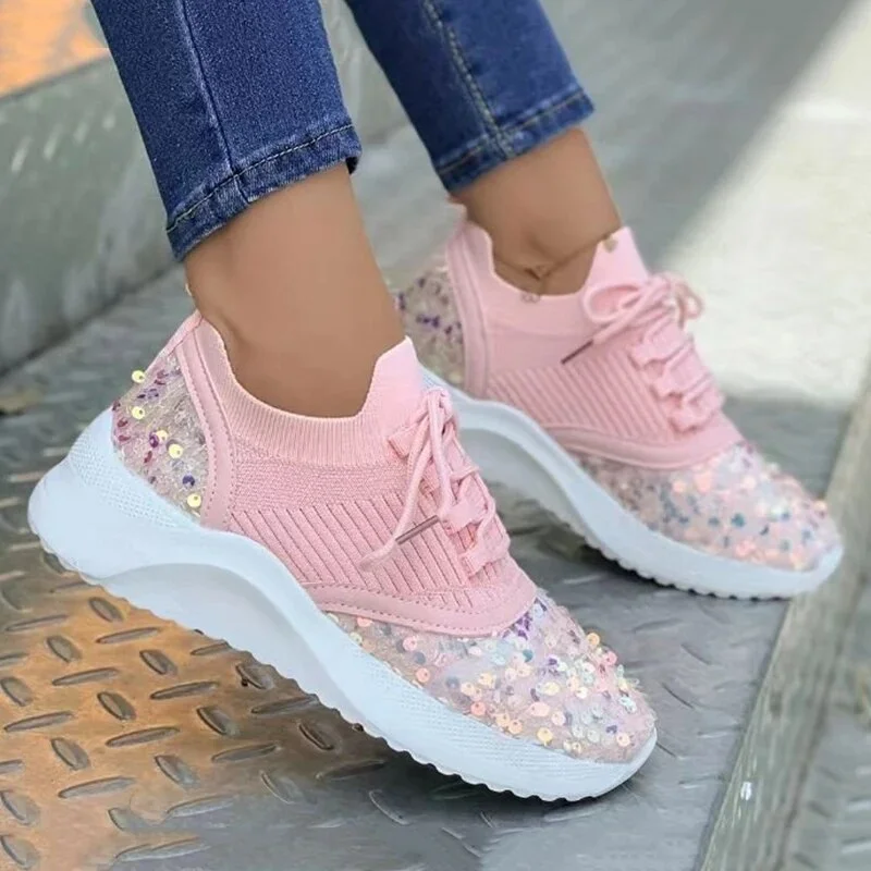 Yyvonne Sequins Platform Sneakers for Women 2023 Autumn Non Slip Knitting Flats Woman Breathable Mesh Walking Shoes Plus Size 43
