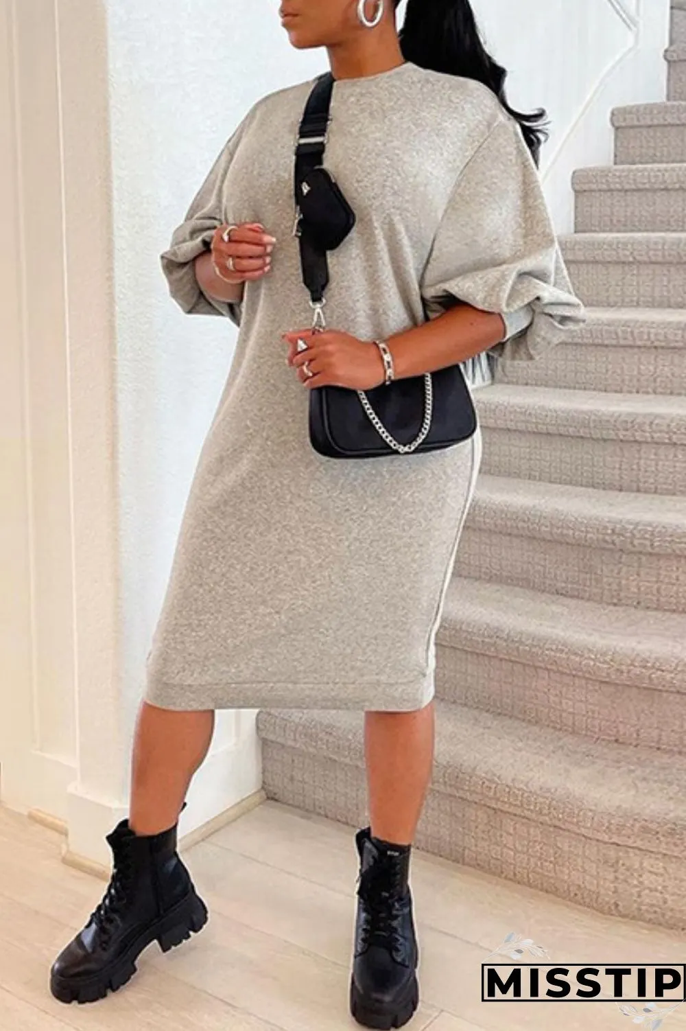 Brown Casual Solid Basic O Neck Long Sleeve Dresses