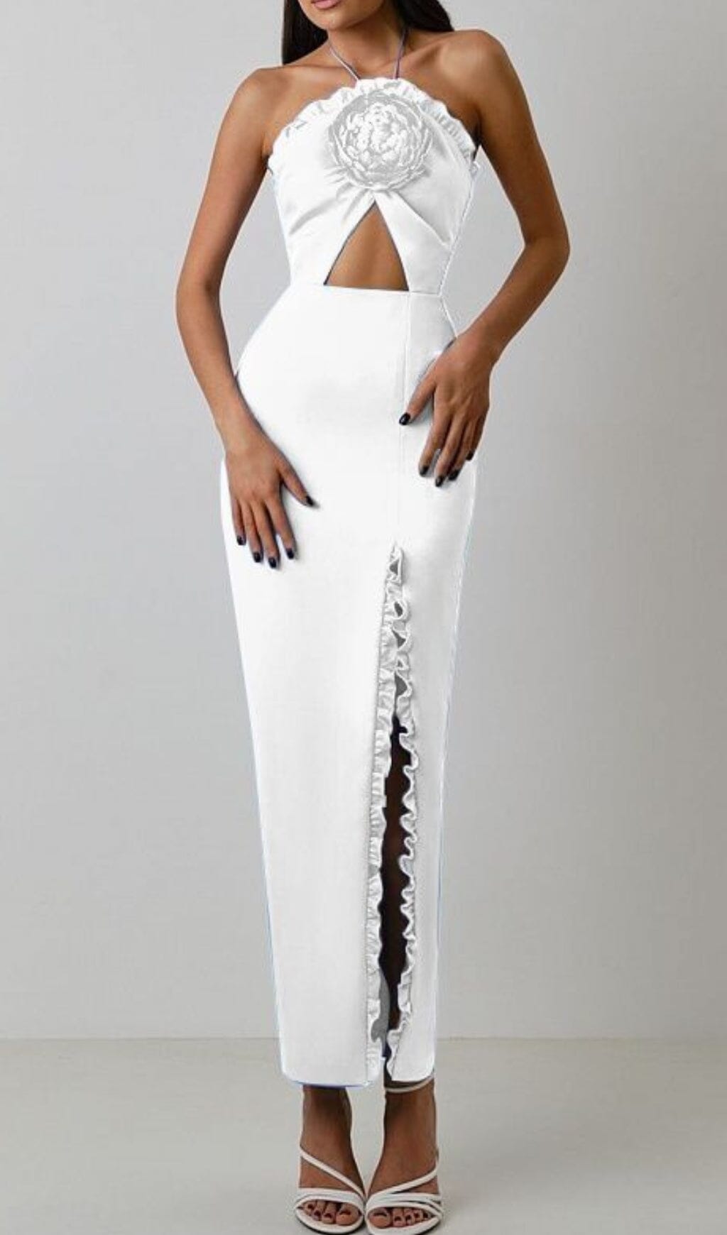 Floral Embellished Slit Midi Dress In White Flowering Girl