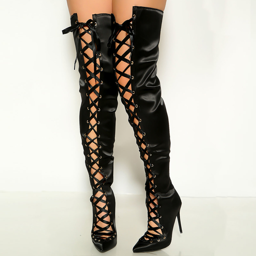 Black Pointed Toe Lace Up Knee High Boots Stiletto Heels Nicepairs