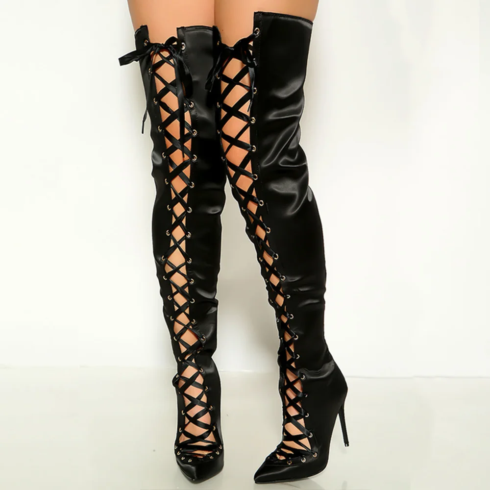 Black Pointed Toe Lace Up Knee High Boots Stiletto Heels Nicepairs