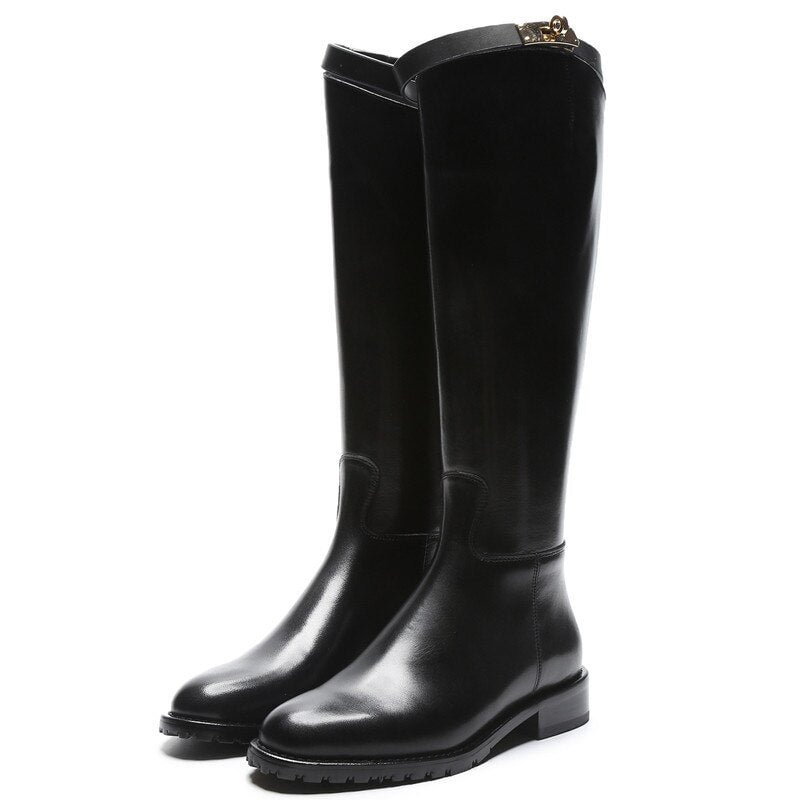 Women Motorcycle Boots Shark Buckle Women High Knee Boots Zipper Round Toe Genuine Leather boots female Women Designer Shoes