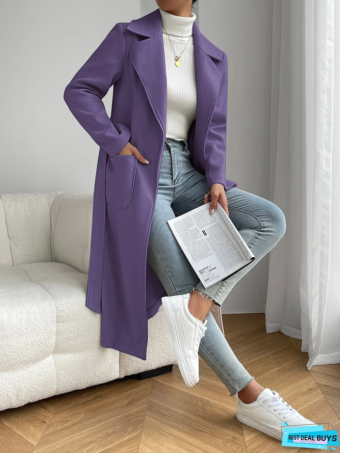 Dual Pocket Trench Coat, Tie Waist Solid Casual Coat For Winter & Fall, Women's Clothing