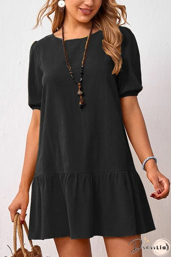 Solid Color Loose Waist Cotton Linen Round Neck Dress