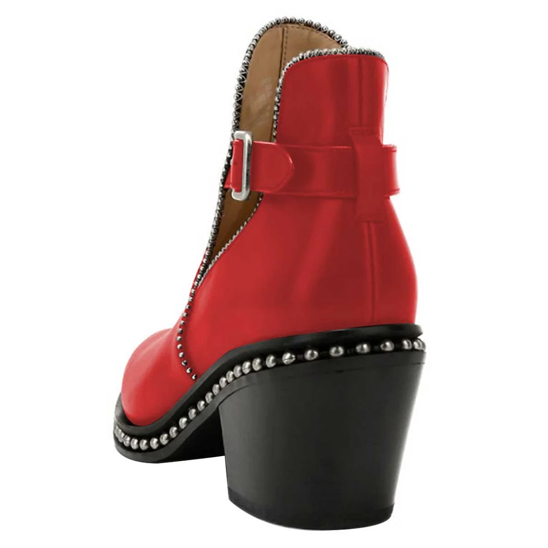 Red Pointed Toe Buckle Strap Silver Bead Trim Chunky Heel Boots