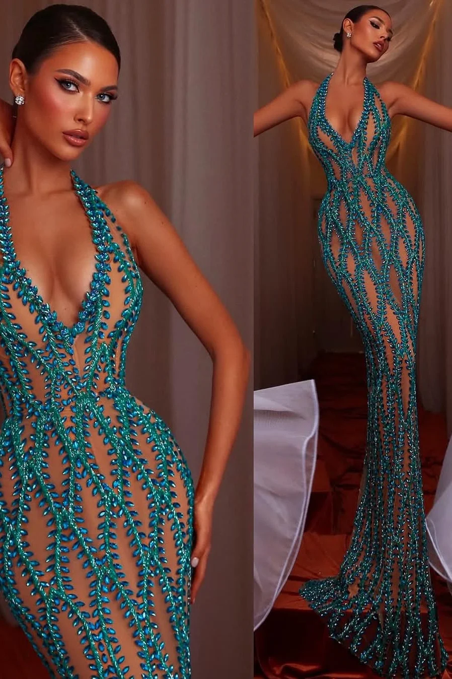 Daisda Sexy Sleeveless Deep V-Neck Halter Straps Mermaid Beads Prom Dress