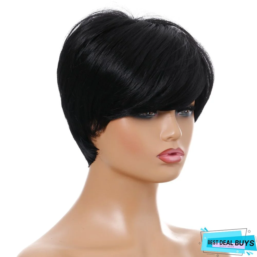 Wig New Women's Black Chemical Fiber Headgear with Oblique Bangs and Short Straight Hair