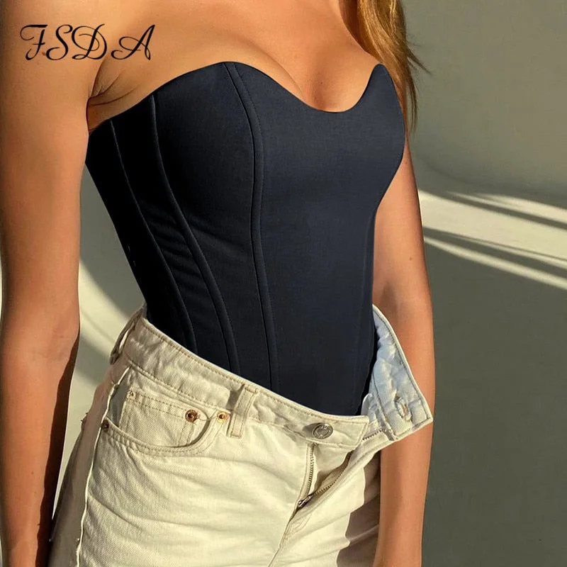 FSDA 2021 Sexy Satin Crop Top Women Strapless Sleeveless Corset Black Party Y2K Summer Off Shoulder Bustier Tank Tops