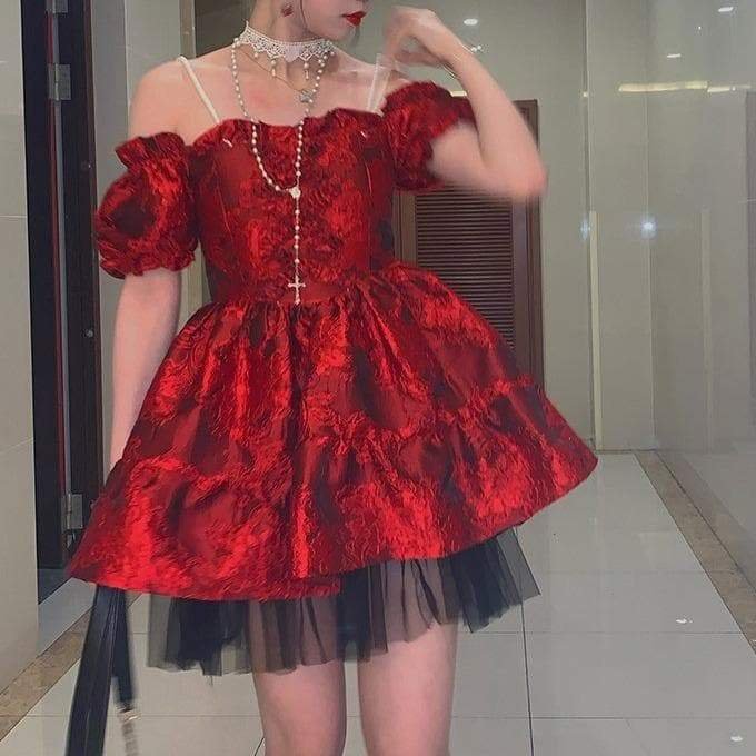Cute Elegant Red Puffy Sleeves Dress SP15917