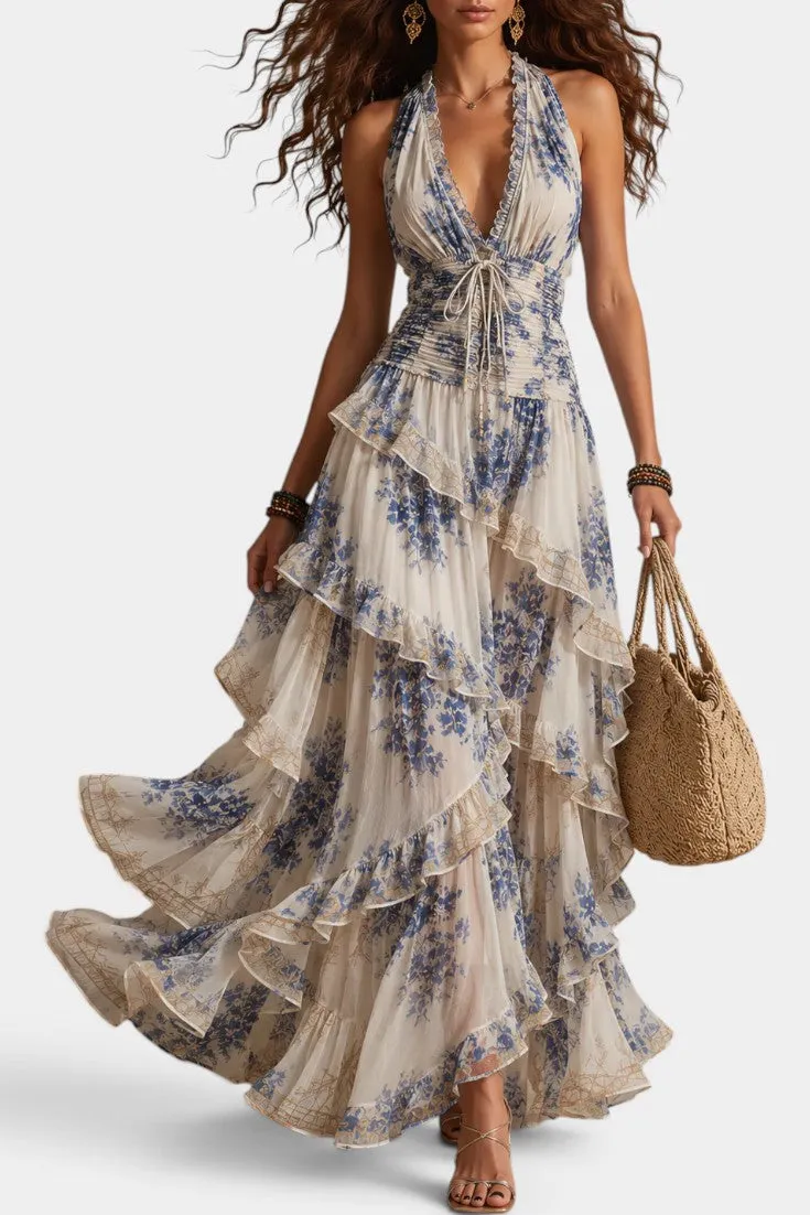 Deep V Halter Maxi Dress with Tiered Ruffles