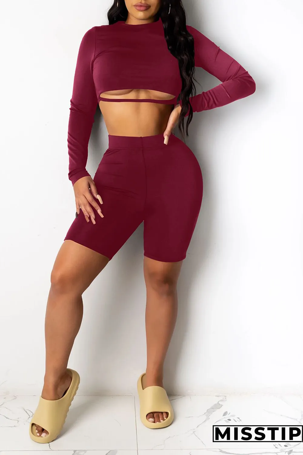 Burgundy Sexy Patchwork O Neck Long Sleeve Two Pieces