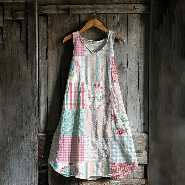 Vintage Floral Geometric Art Linen Blend Tank Dress