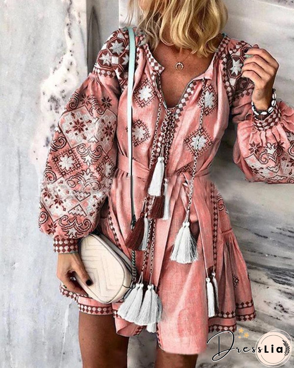 Plus Size Skater Floral V-Neckline Casual Tassel Plus Dress