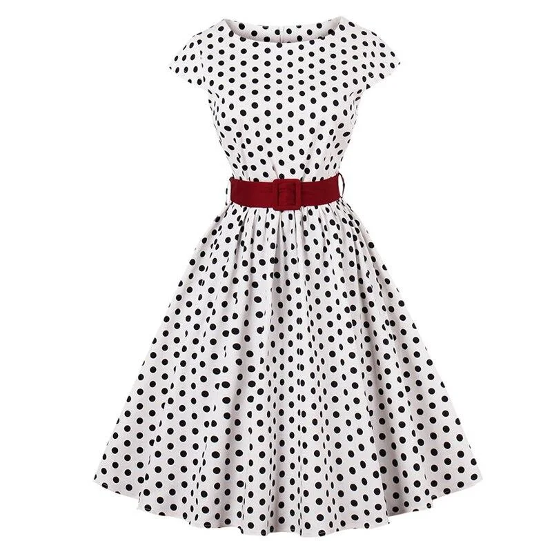 Retro Polka Dot 1950s Rockabilly Pleated Belted Dress Cap Sleeve Vintage Dresses