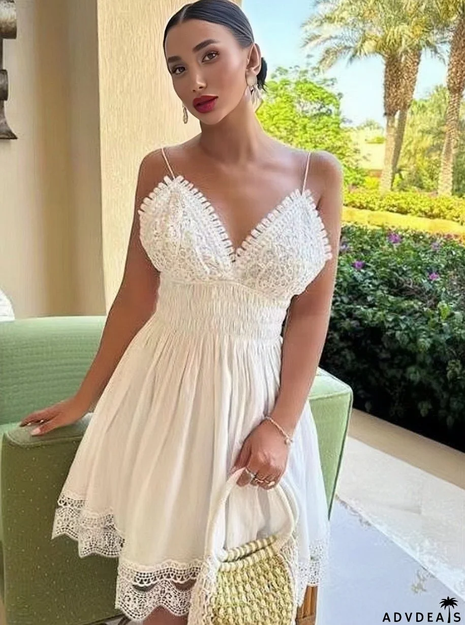 Lace Mini Swing Skater Dress with Spaghetti Straps and Backless Design