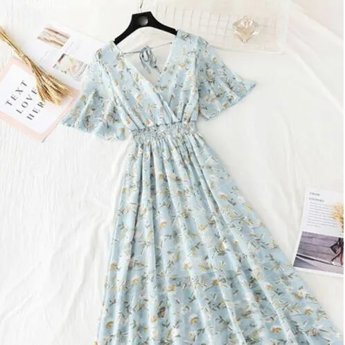 2020 Slim V Neck Summer Midi Long Dress Vestido Party Short sleeve Chiffon dress Women Casual Elegant print A-Line Vestidos