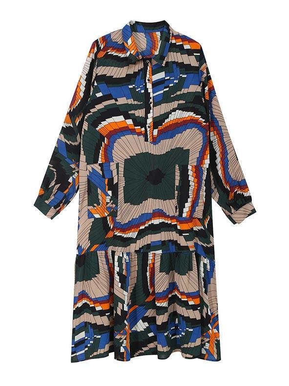 Bandage Printed Lapel Midi Dress