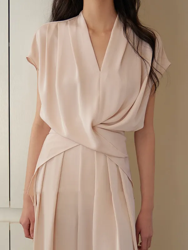 Loose Raglan Sleeve Knot Pleated Solid Color Split-Joint V-Neck Blouses&Shirts Tops