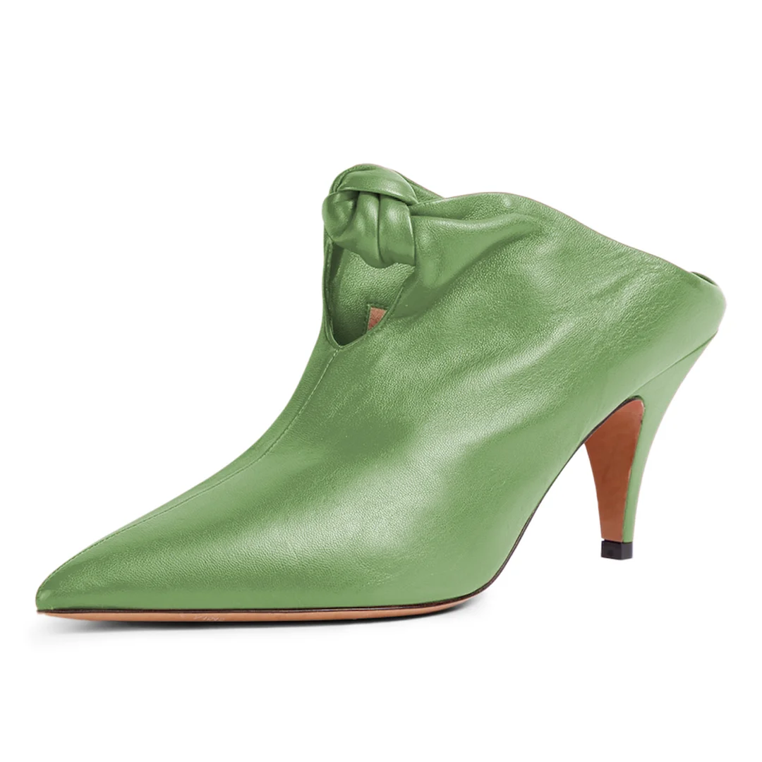 Green Vegan Leather Pointed Toe Fashion Heeled Mules for Ladies