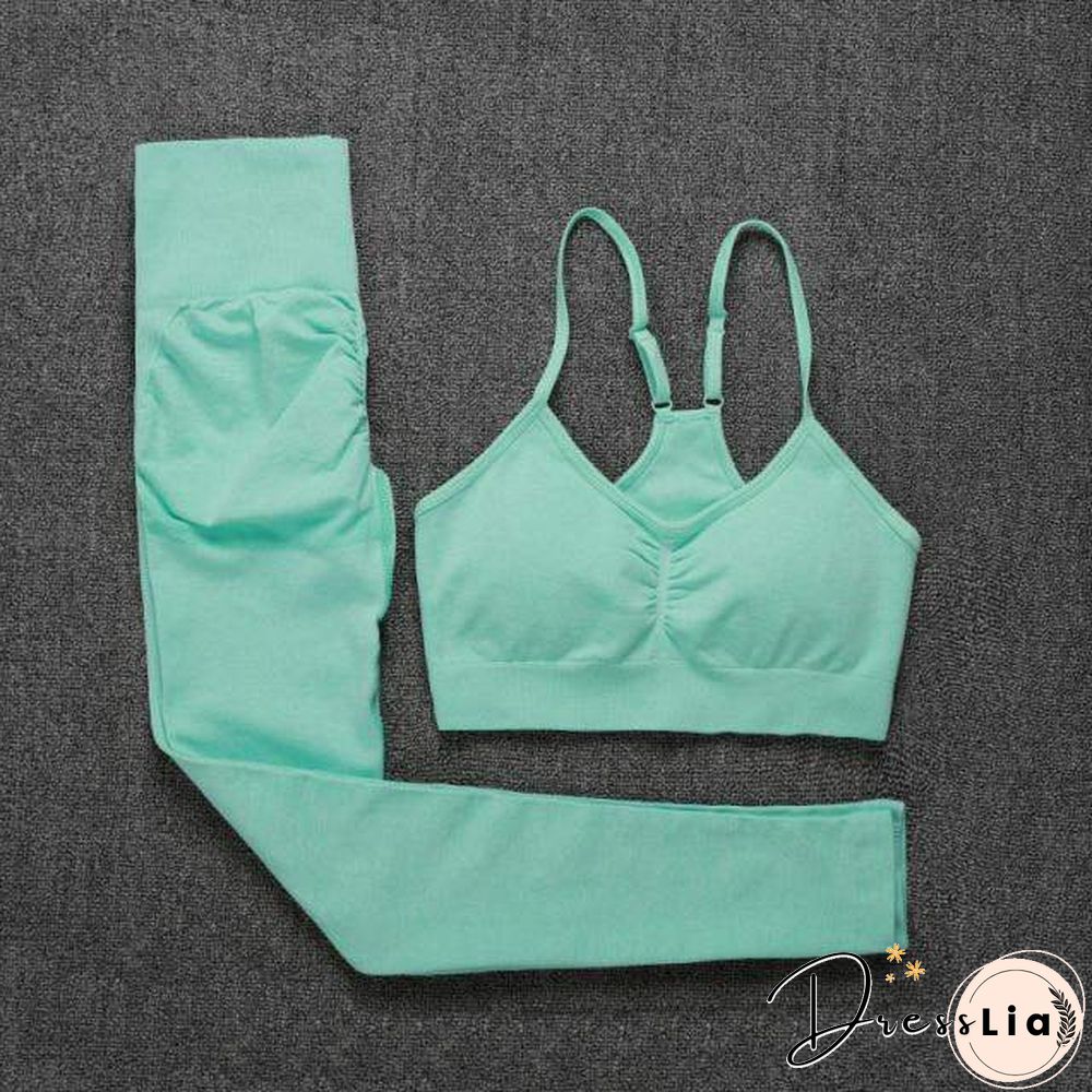 Solid Seamless Gym Two Piece Set Women High Stretchy Tracksuit Women Sports High Waist Leggings Workout Pants Sets Women