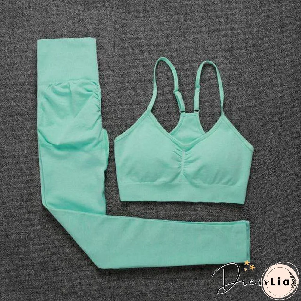 Solid Seamless Gym Two Piece Set Women High Stretchy Tracksuit Women Sports High Waist Leggings Workout Pants Sets Women