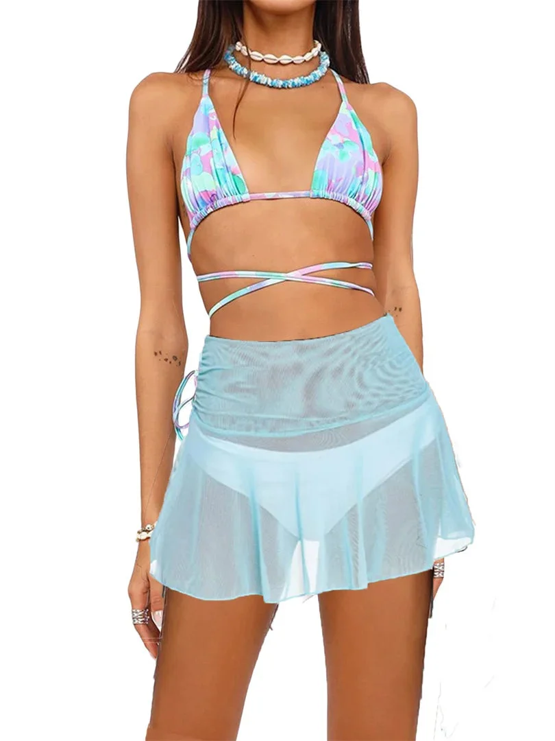 Oocharger Ruched High Waist Mini Skirts Women Beachwear Skirt Solid Color See-Through Bikini Cover-Up Mesh Sheer Pleated Skirt