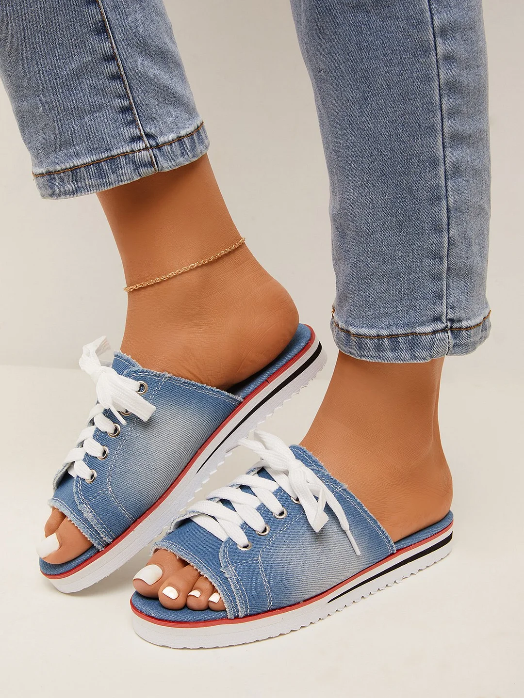 Letclo™ 2021 Open-toe Lace-up Denim Flat Slippers letclo Letclo
