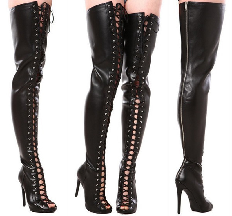VCSHOES Women Open Toe Black Leather Over Knee Gladiator Boots Slim Style Cut-out High Heel Long Boots