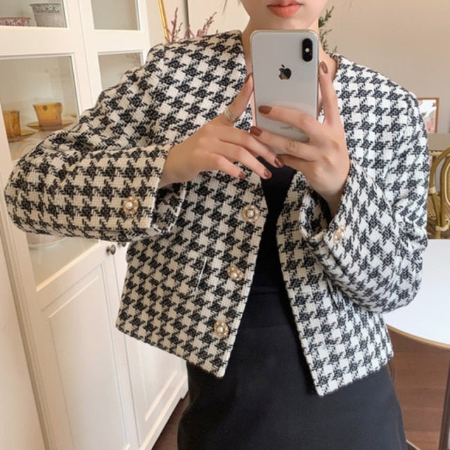 LANFUBEISI New Women's Vintage Houndstooth Short Jackets Fall Korean Elegance V-neck Loose OL Cropped Female's Coats Casual Outwear Tops LANFUBEISI