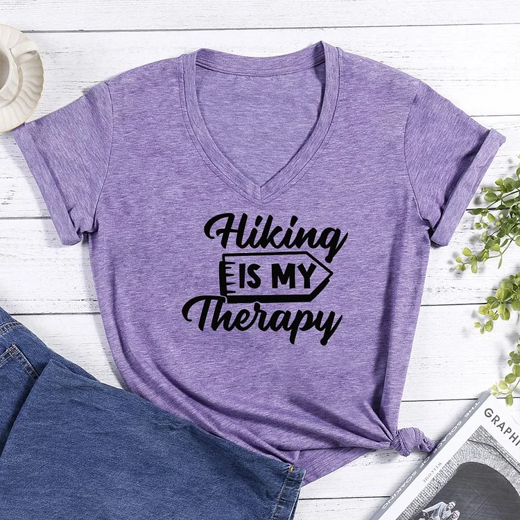 Hiking is my therapy V-neck T Shirt-Annaletters