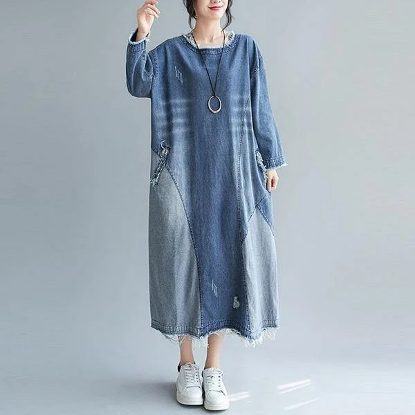 Oversized Women Casual Denim Long Dress Winter Vintage Style O-neck Loose Female Jean Dresses