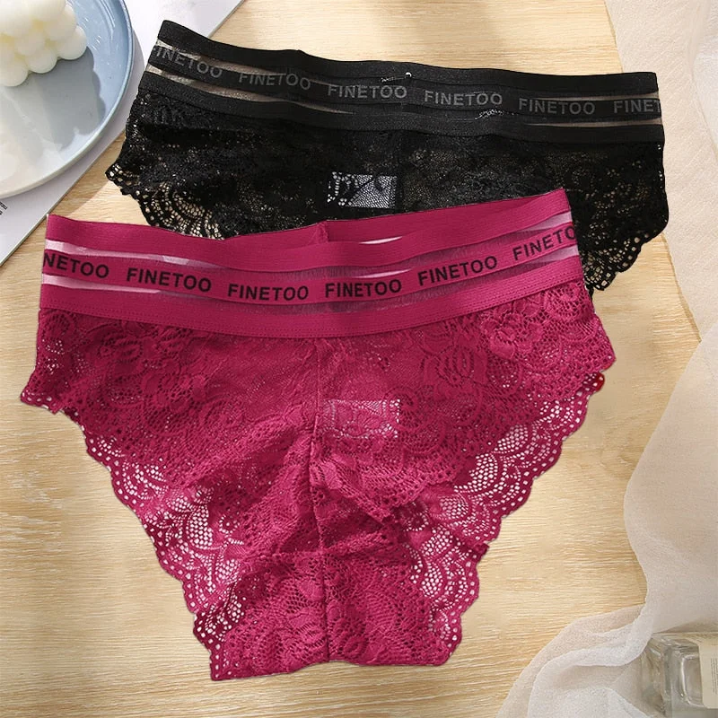FINETOO 2PCS/Set L-XXL Floral Lace Women Panties High Waist  Sexy Lace Underwear Woman Letter Lingerie Female Seamless Briefs