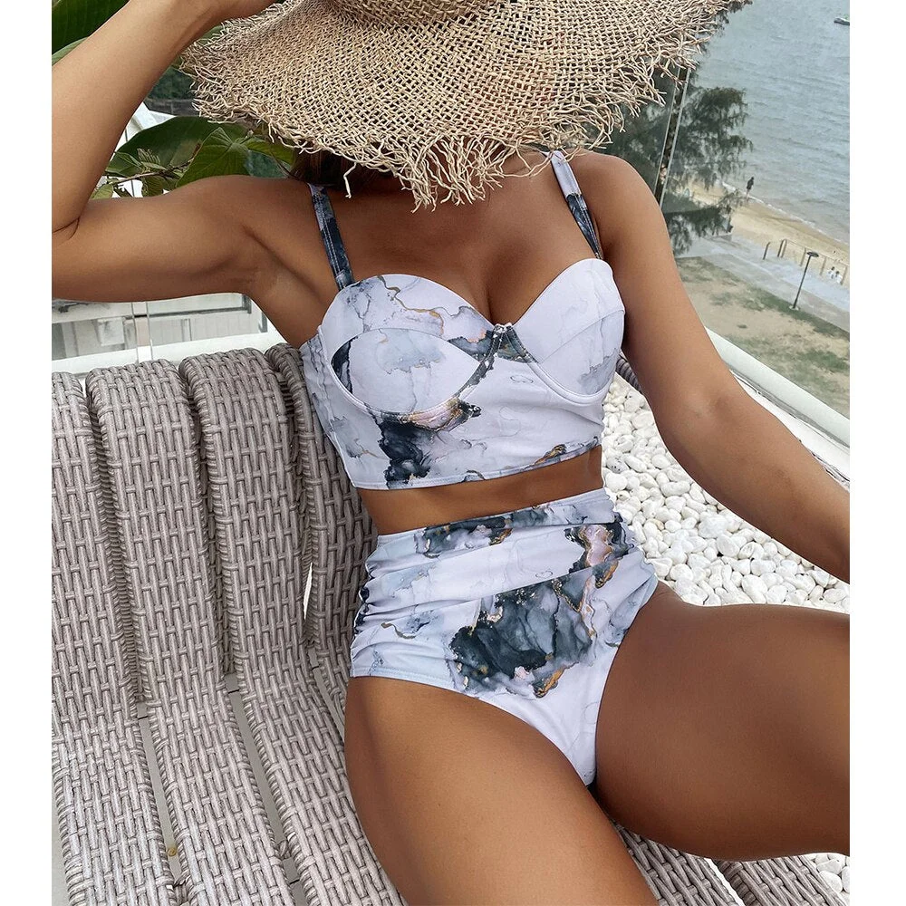 2021 New Push Up Sexy Bikini Set High Waist Swimwear Women Swimsuit Female Bathing Suit Bather Leaf Print  Beachwear biquini