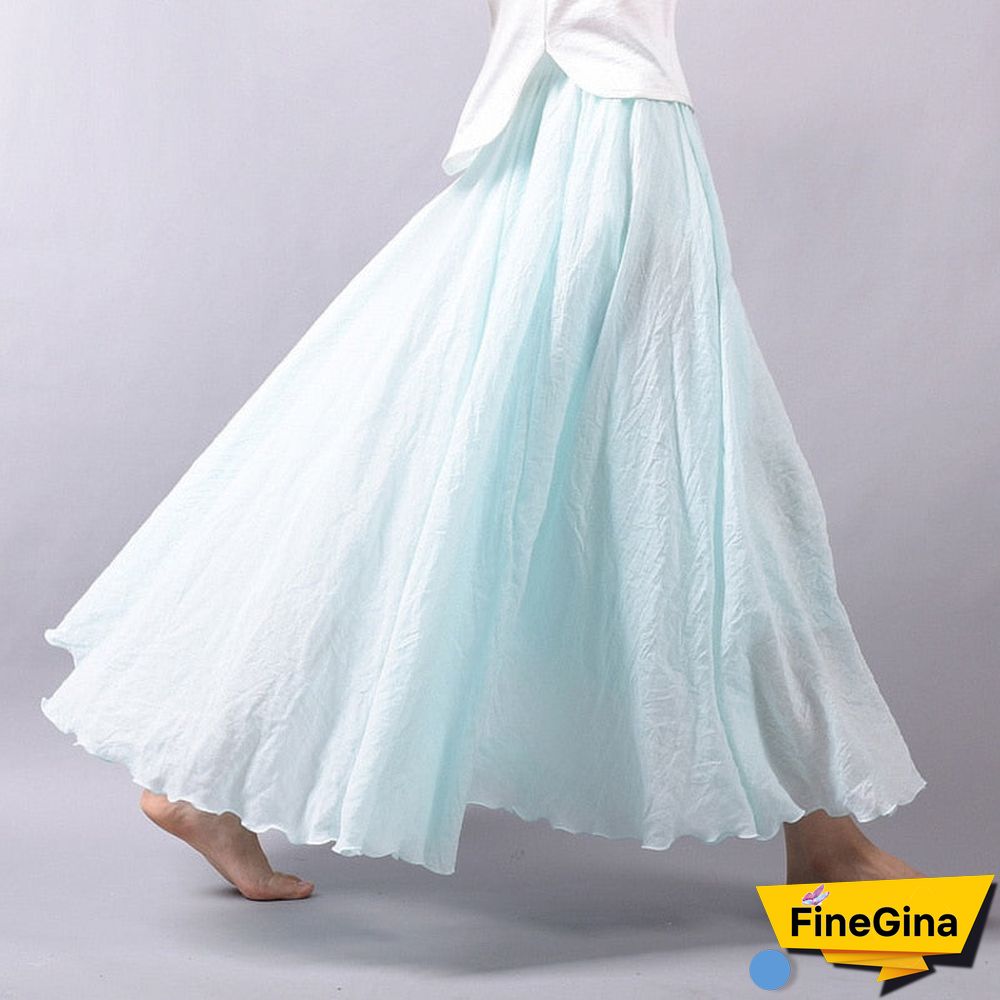 Women Linen Cotton Long Skirts Elastic Waist Pleated Maxi Skirts Beach Boho Vintage Summer Skirts Faldas Saia