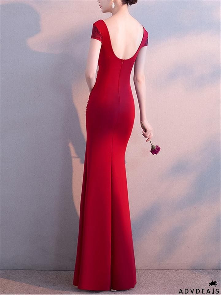 Sexy V Neck Side Slit Beaded Formal Dress for Dinner