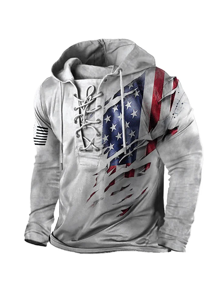 Men's Vintage American Flag Lace-Up Hooded Long Sleeve T-Shirt-Hoverseek