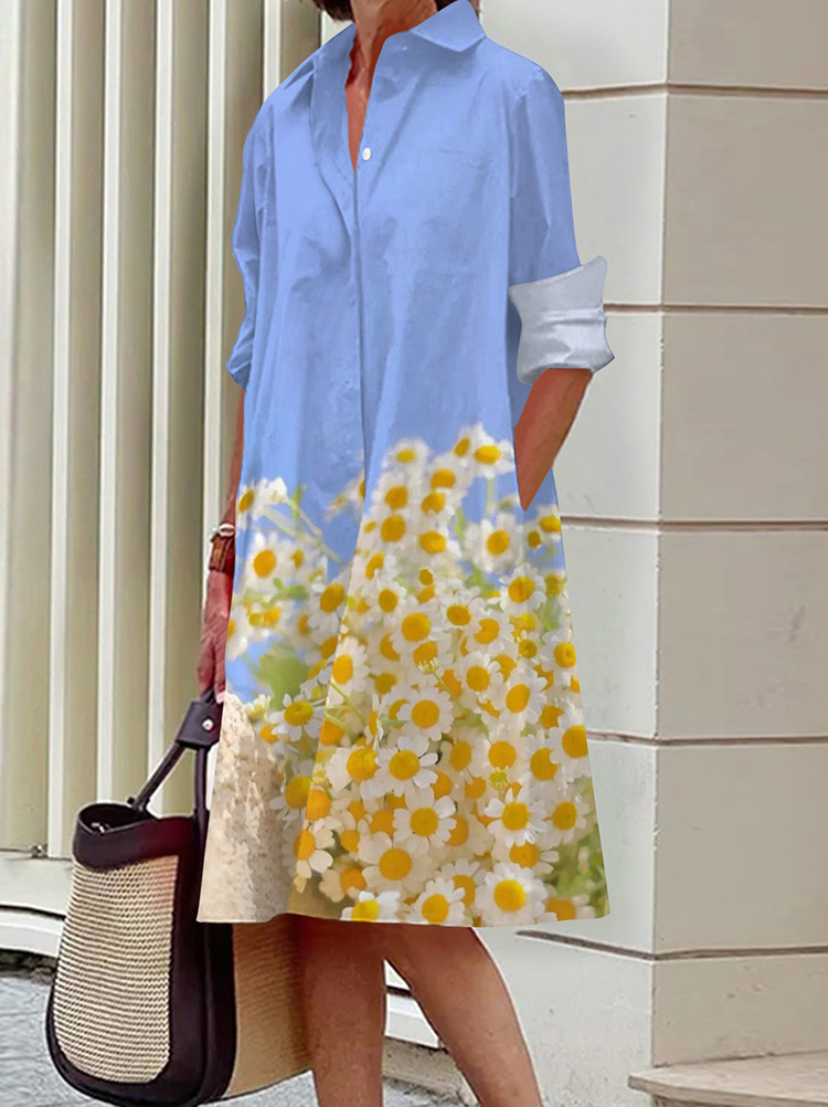 New Style Daisy Printed Long Sleeve Pocket Shirt Dress