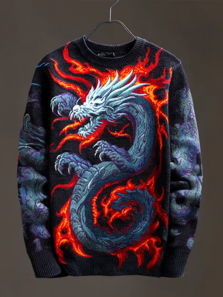 Japanese Art Style Dragon And Fire Pattern Retro Men's Sweater