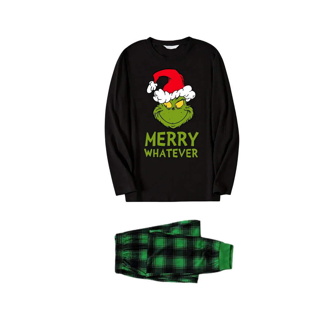 Christmas Cartoon Pattern and Text Print Black Long Sleeve Top with Green and Black Plaid Family Matching Pajamas 2024
