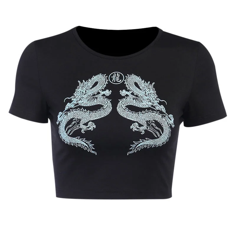 InsGoth Harajuku Sexy Black T-shirts Women Streetwear Gothic Dragon Print Bodycon Tops Casual Female Summer T-shirt