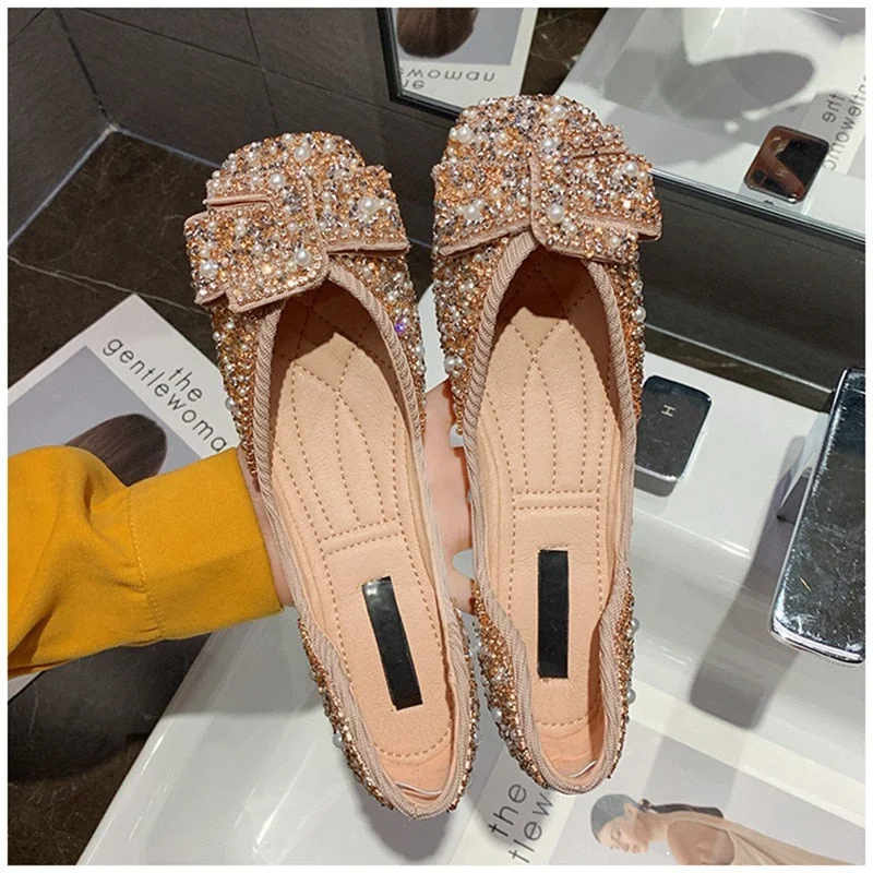 2020 Women Flat Shoes Fashion Bling Rhinestone Flat Ballet Bow-knot Slip On Ladies Lazy Loafers Casual Flat Shoes