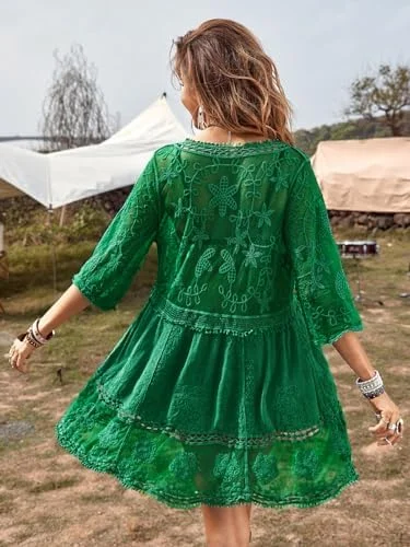 B2prity Women's Contrast Lace Bathing Suit Cover Up V-Neck Swimsuit Coverups Loose Swimwear Beach Dress Beachwear