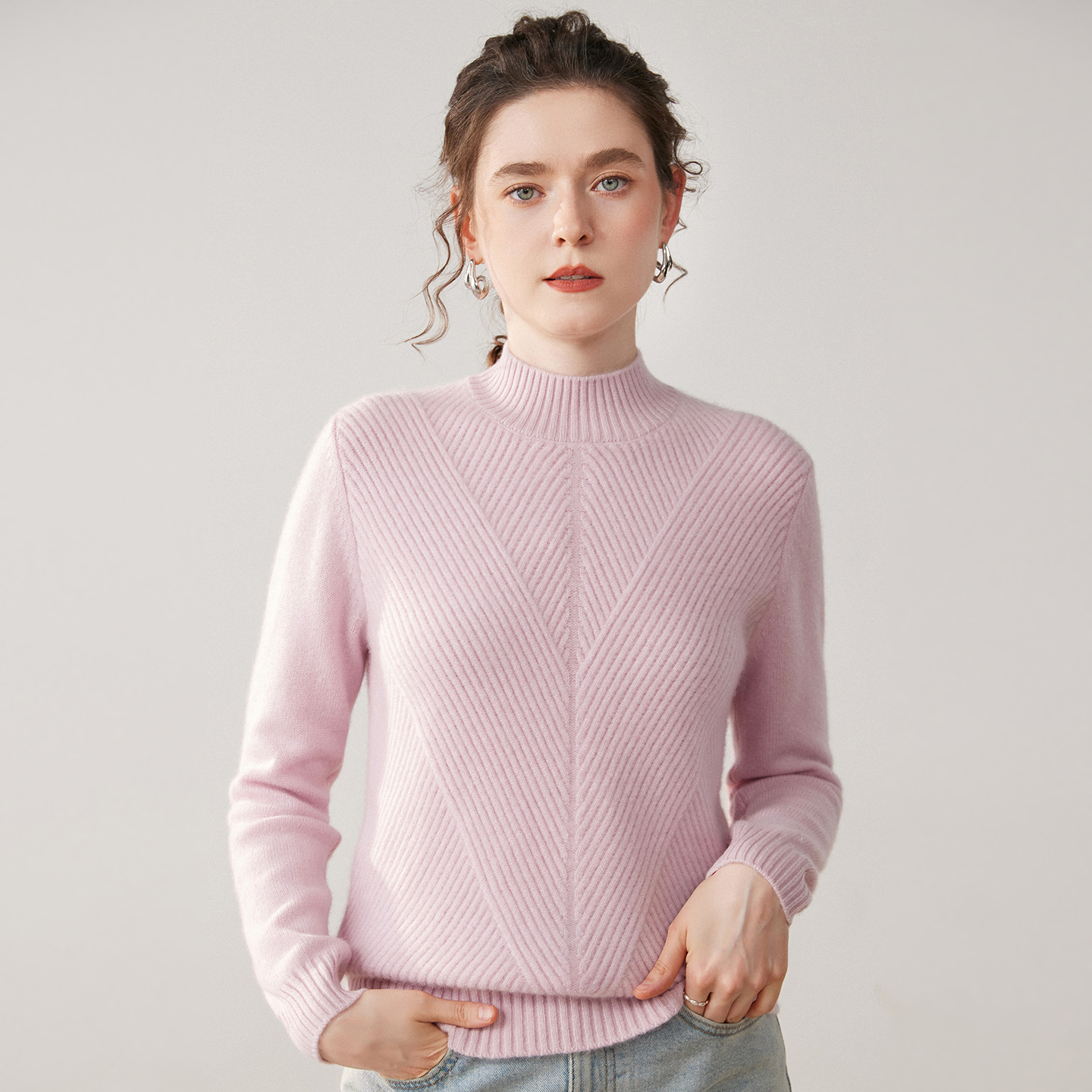 Women's Diamond Pattern Cashmere Sweater | Mock Neck Winter Knit REAL SILK LIFE