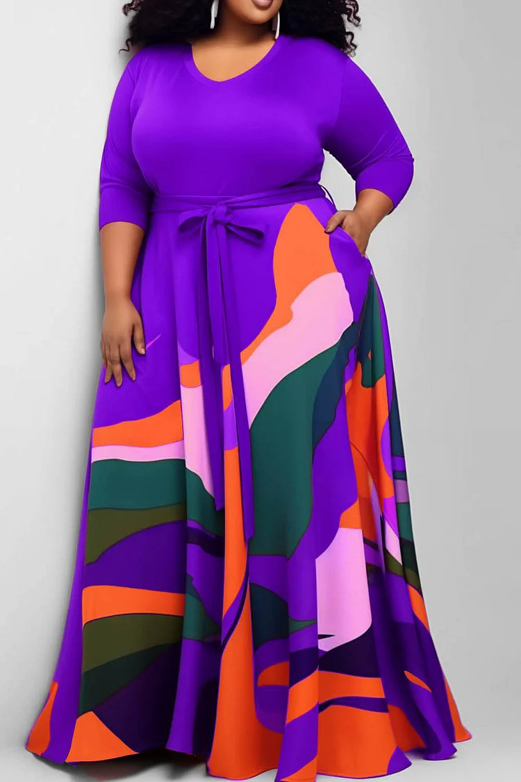 Plus Size Casual Dress Green All Over Print Round-Neck Knitted Maxi Dress With Pocket [Pre-Order]