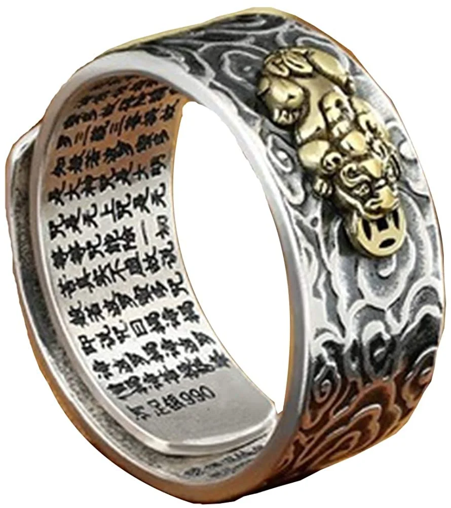 JAJAFOOK 990 Silver FENG Shui PIXIU MANI Amulet Lucky Wealth Buddhist Jewelry Adjustable Ring