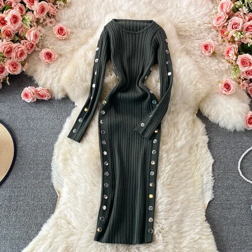 2023 New Spring Autumn Vintage O-neck long sleeve knitted Dress rivet decoration high waist pleated mid-long wrap Dress