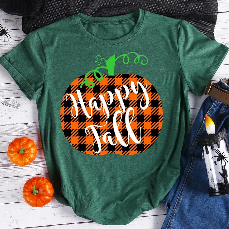 HAPPY Fall Plaid Pumpkin   T-Shirt Tee-08074-Annaletters