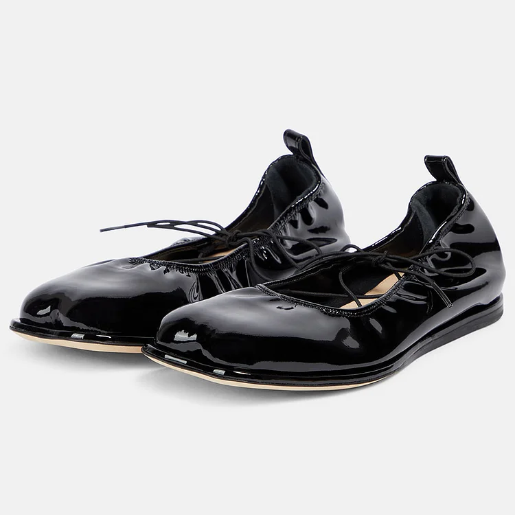 Black Patent Leather Square Toe Elasticated Edge Lace Up Ballet Flats |FSJ Shoes